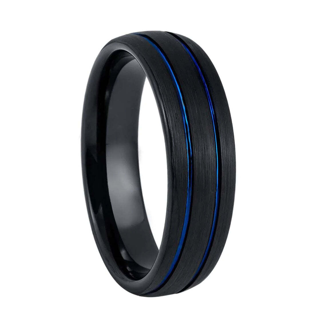 Dual Blue Grooved Inlay Brushed Domed Men's Black Tungsten Wedding Band