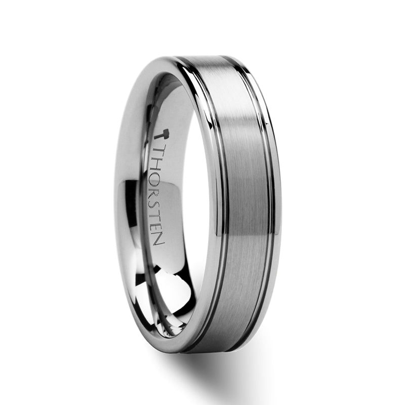 Dual Grooved Tungsten Men's Wedding Band with Satin Finish