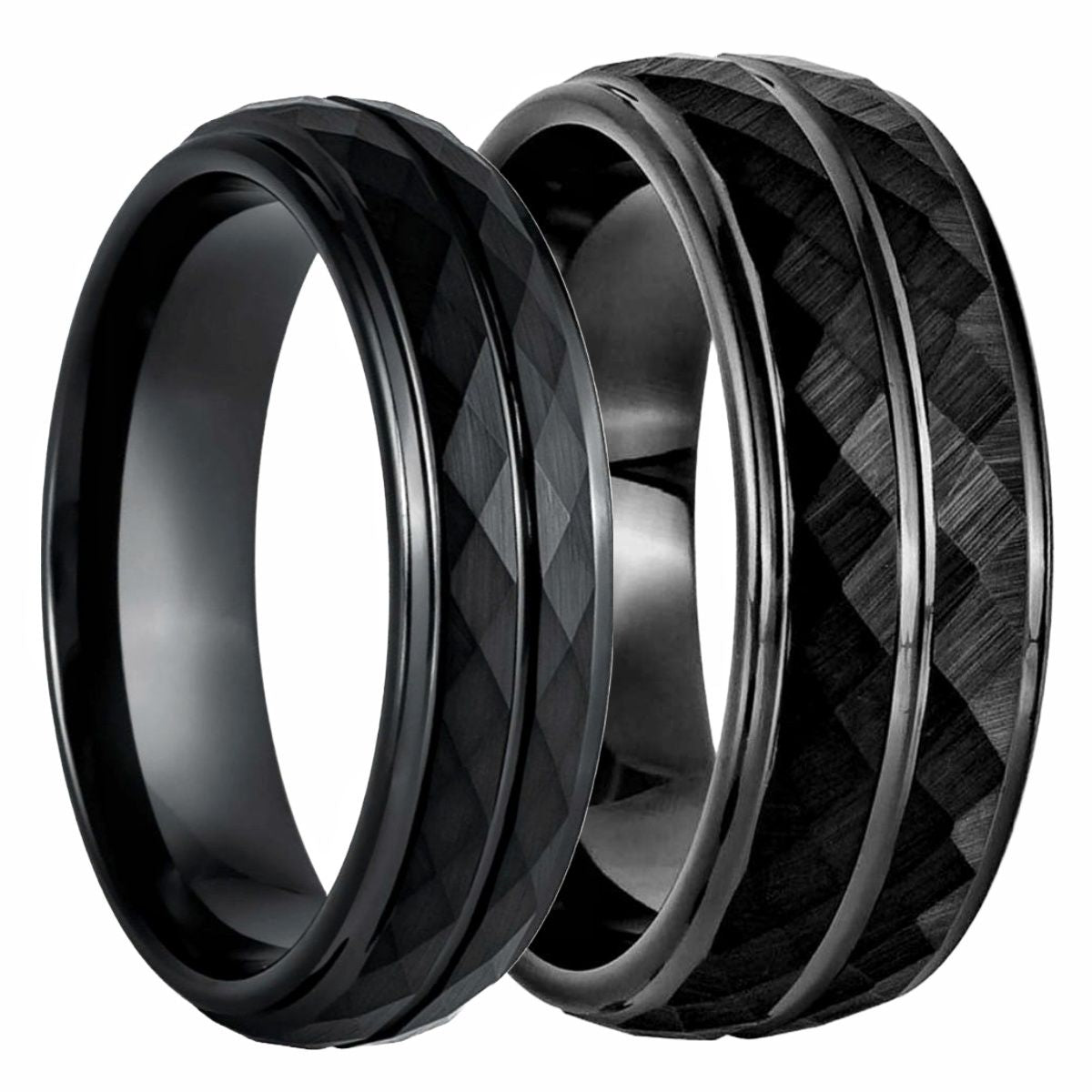 Sabrina Silver 2-Ring Set 6 & 8mm Black Tungsten Diamond Wedding Ring Him &  Her Two-tone Beveled Comfort fit, sizes 5-13