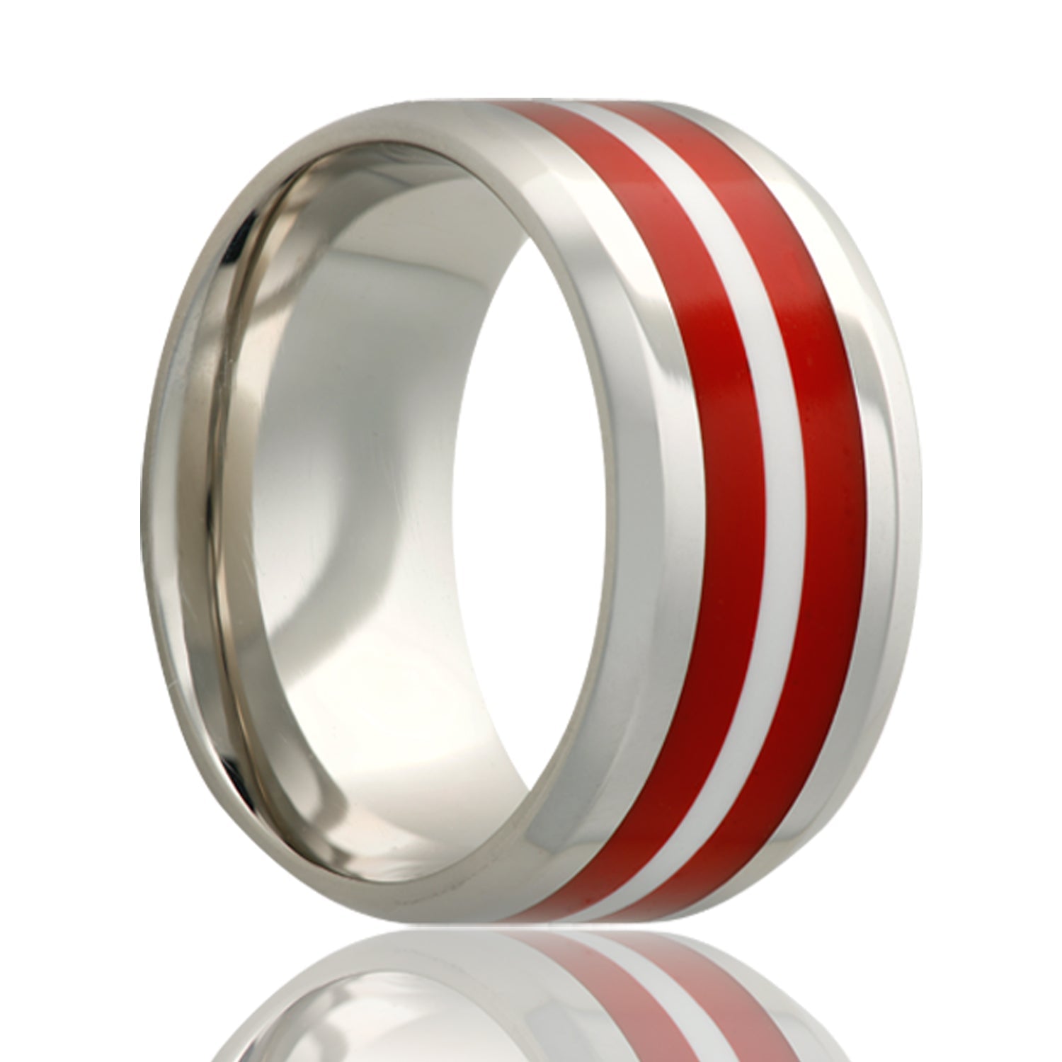 Dual Red Inlay Cobalt Wedding Band with Beveled Edges