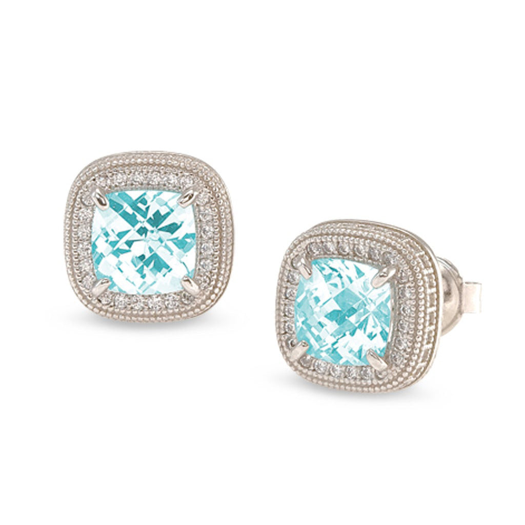 A earrings with simulated aquamarine and simulated diamonds displayed on a neutral white background.
