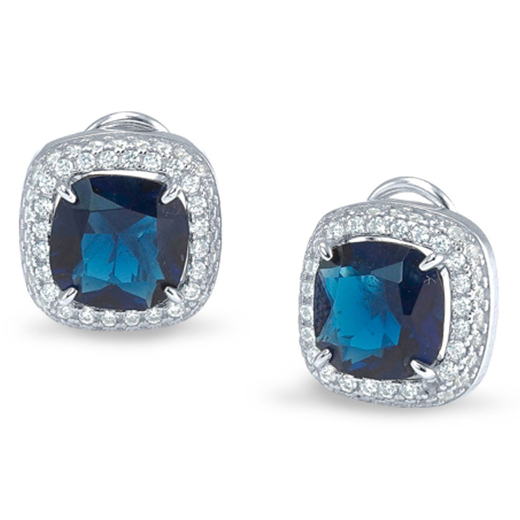 A emerald cut earrings synthetic blue sapphire and simulated diamonds displayed on a neutral white background.
