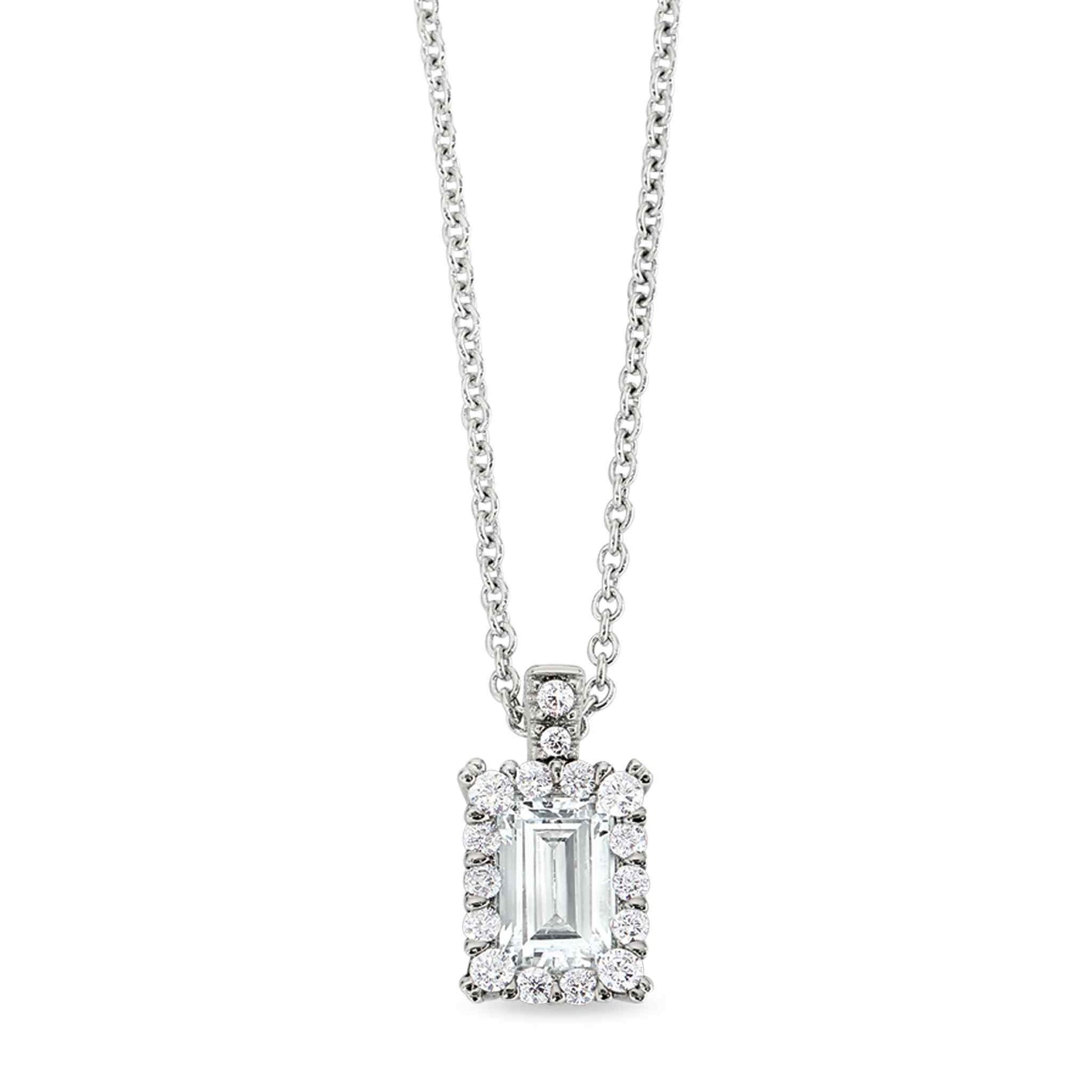 A emerald cut pendant with simulated diamonds displayed on a neutral white background.