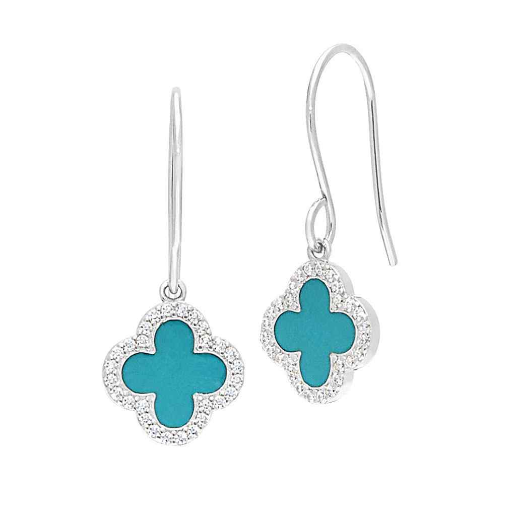 A enamel clover earrings with simulated diamonds displayed on a neutral white background.
