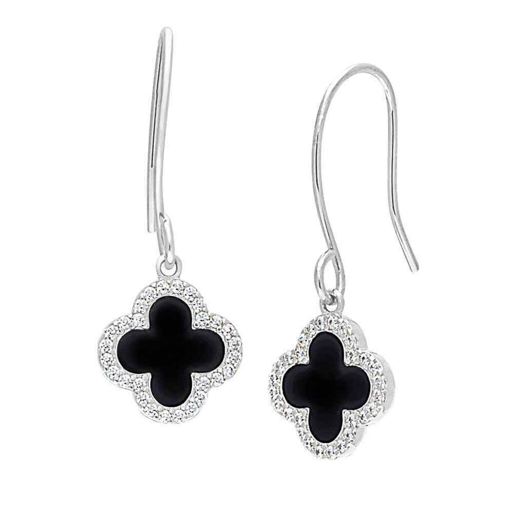 A enamel clover earrings with simulated diamonds displayed on a neutral white background.