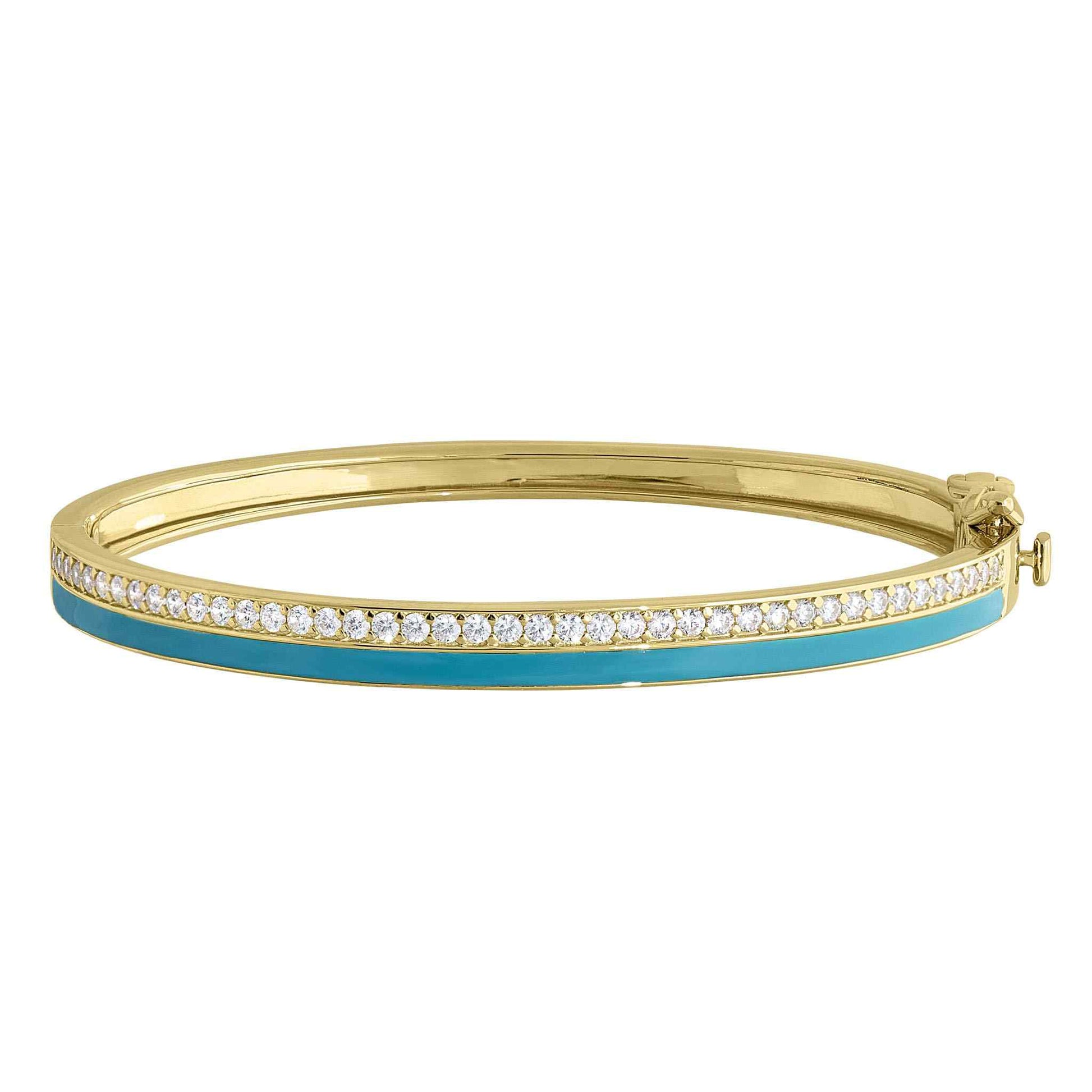 A enamel hinged bangle bracelet with simulated diamonds displayed on a neutral white background.