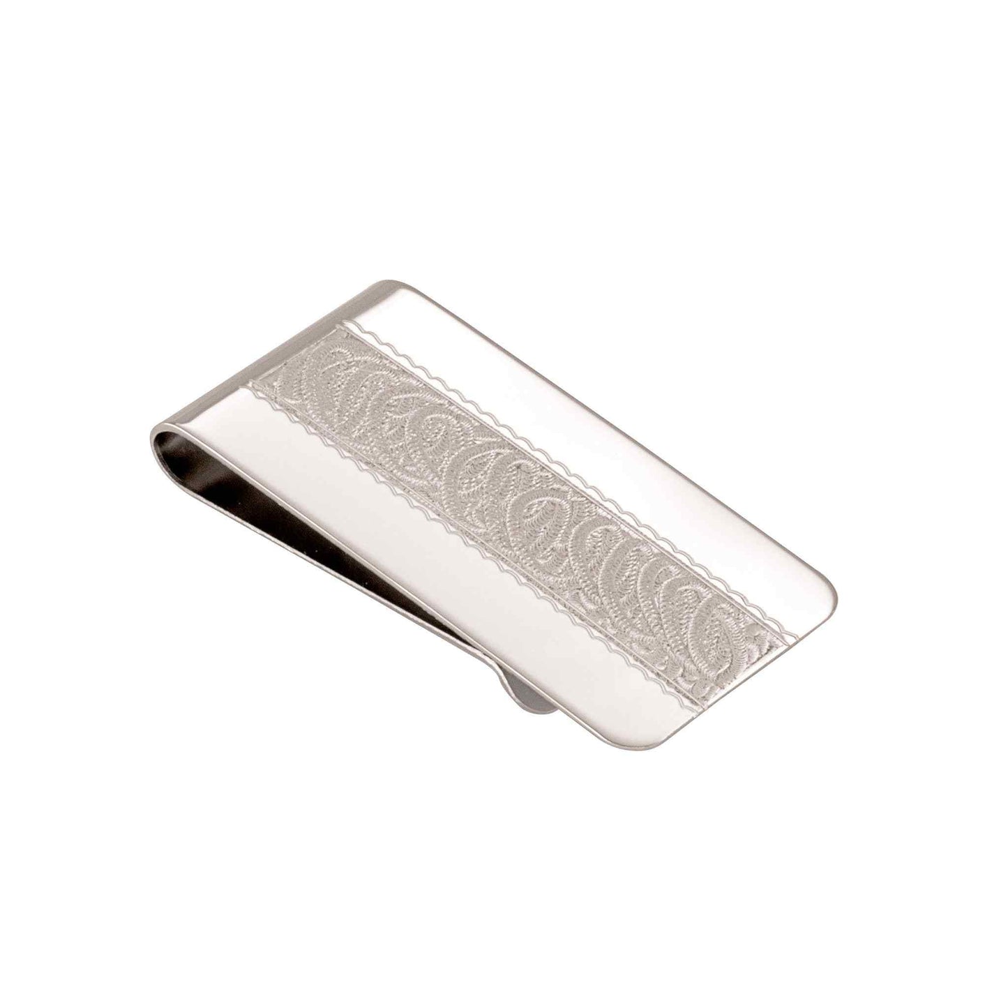 A engraved money clip displayed on a neutral white background.