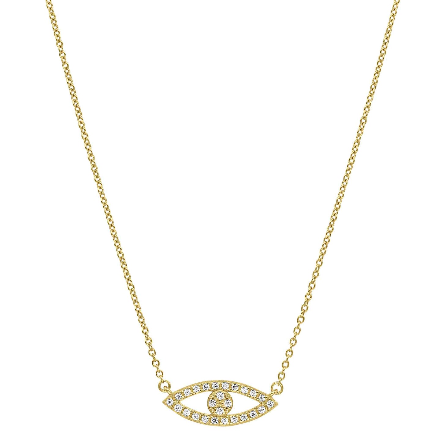 A evil eye necklace with simulated diamonds displayed on a neutral white background.