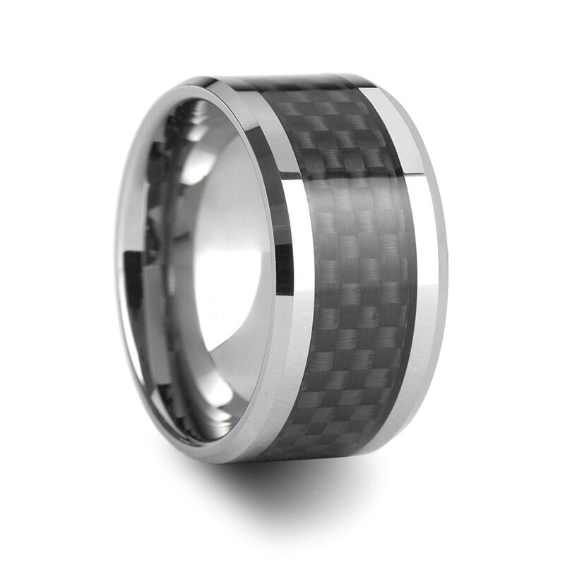 Extra-Wide Tungsten Men's Wedding Band with Black Carbon Fiber Inlay
