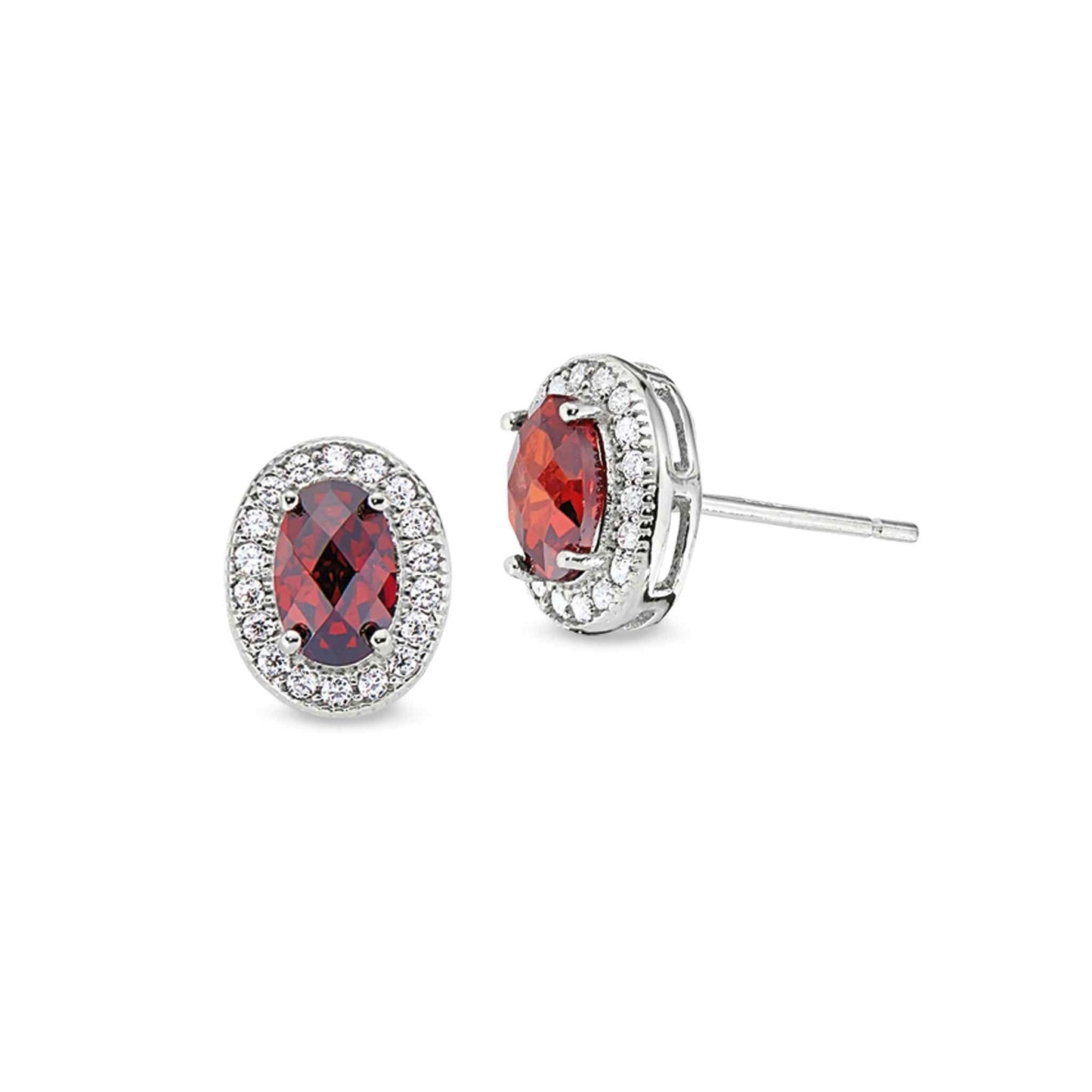 A facet cut garnet colored earrings with simulated diamonds displayed on a neutral white background.