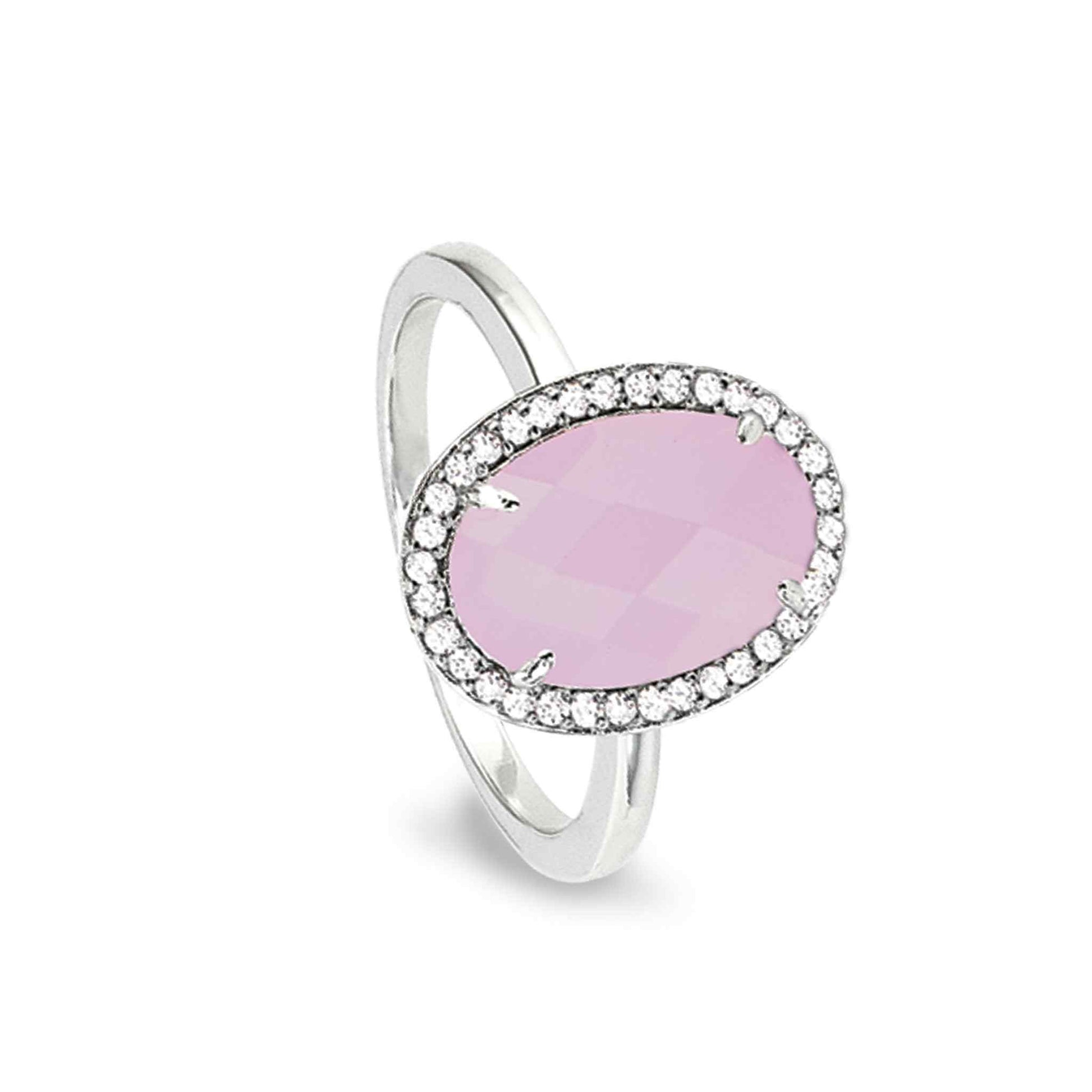 A facet cut rose quartz ring with simulated diamonds displayed on a neutral white background.