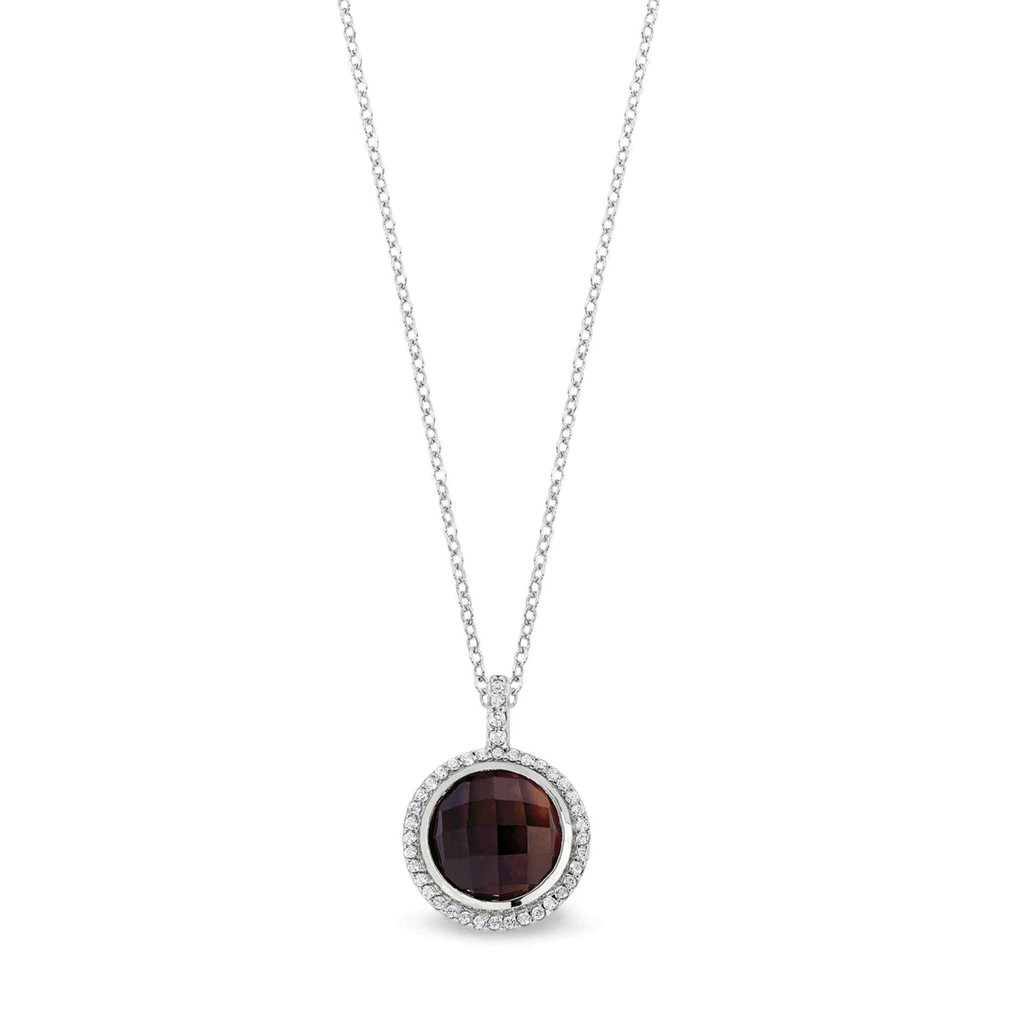 A facet cut smoky quartz pendant with simulated diamonds displayed on a neutral white background.