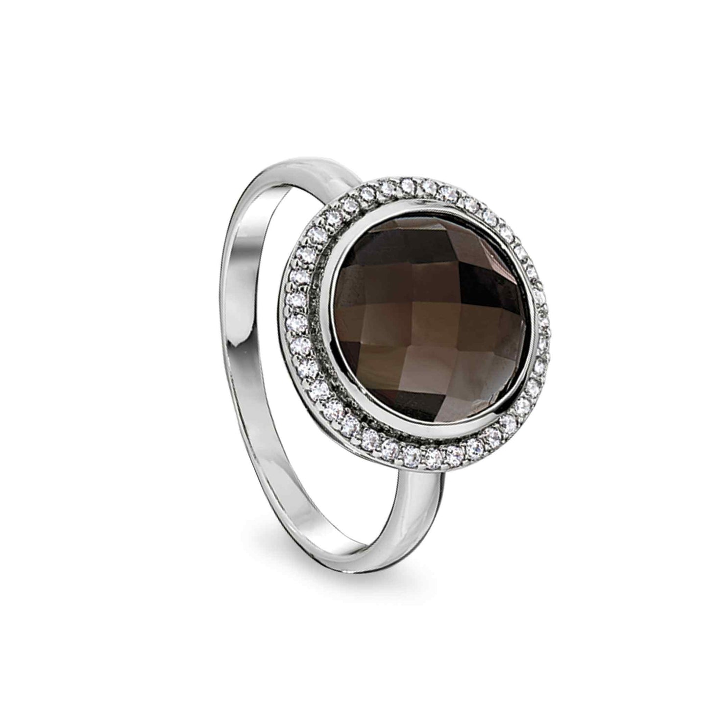 A facet cut smoky quartz ring with simulated diamonds displayed on a neutral white background.