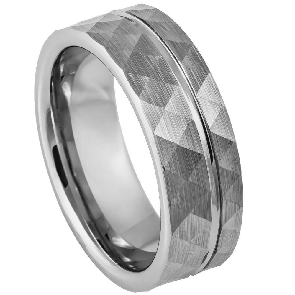 Faceted Asymmetrical Grooved Tungsten Men's Wedding Band