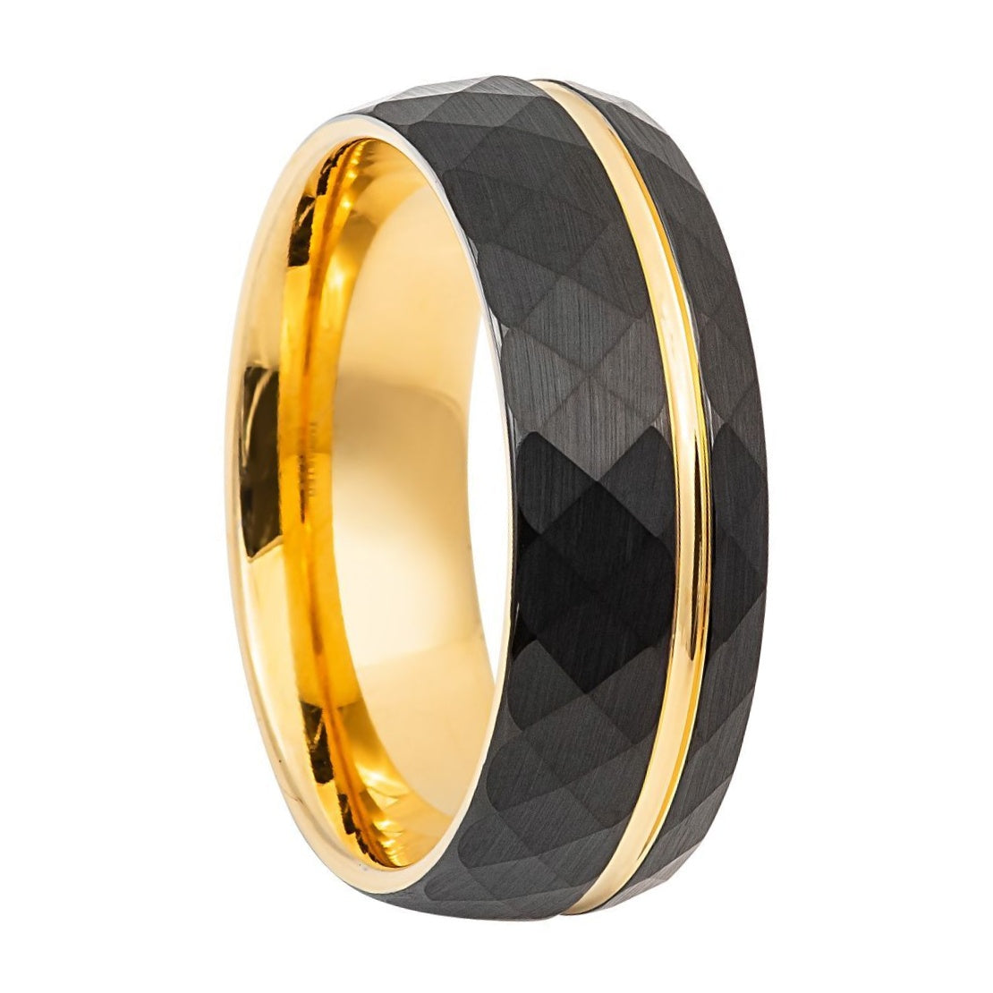 Faceted Black Tungsten Men's Wedding Band with Asymmetrical Gold Groove