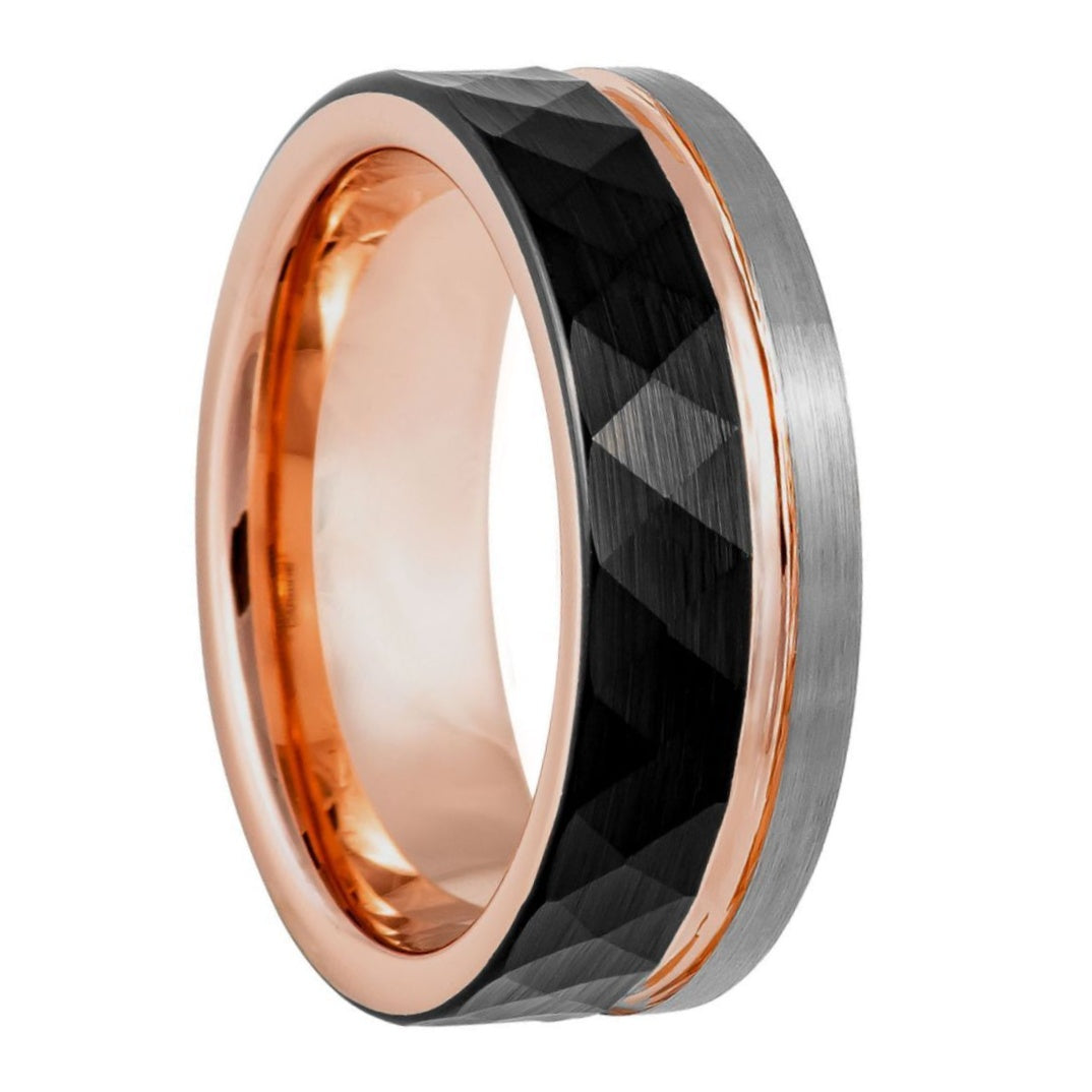 Faceted Black Tungsten Men's Wedding Band with Offset Rose Gold Groove