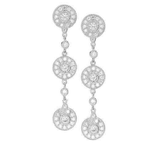 A fancy three circle simulated diamond drop earrings with rhodium finish displayed on a neutral white background.