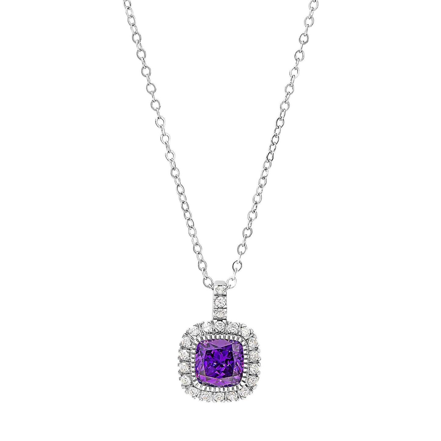 A cushion birthstone necklace with simulated diamonds displayed on a neutral white background.