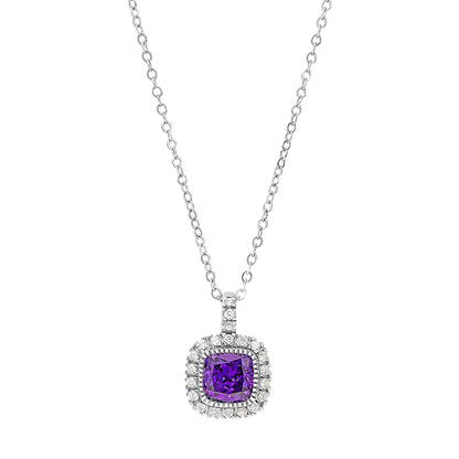 A cushion birthstone necklace with simulated diamonds displayed on a neutral white background.