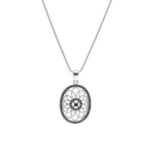 A filligree black & white simulated diamond pendant with a rhodium finish displayed on a neutral white background.
