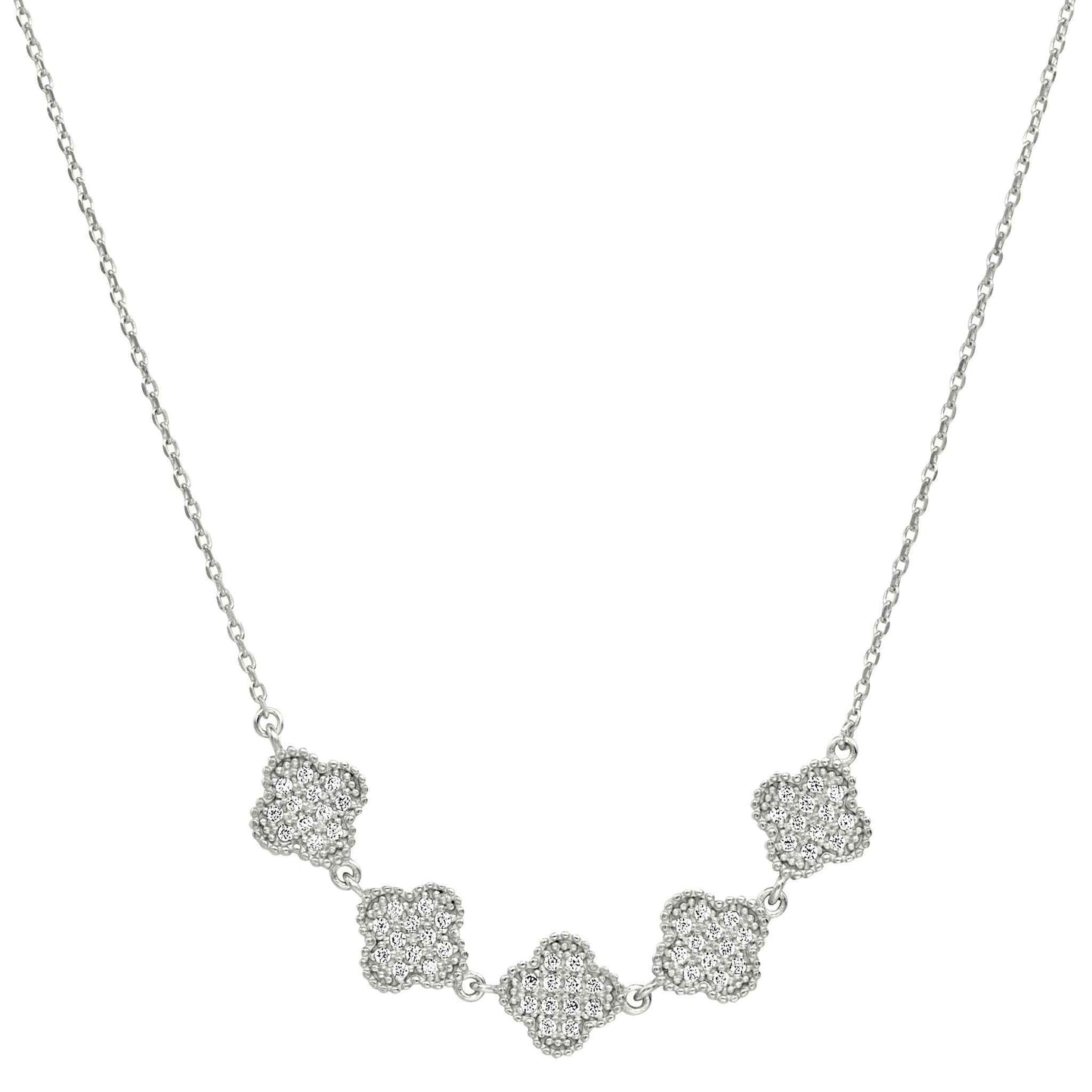 A five clover necklace with simulated diamonds displayed on a neutral white background.