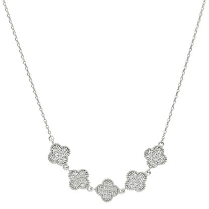 A five clover necklace with simulated diamonds displayed on a neutral white background.