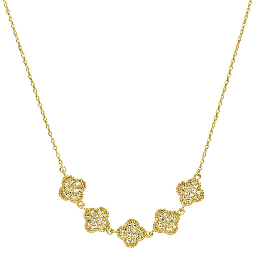 A five clover necklace with simulated diamonds displayed on a neutral white background.