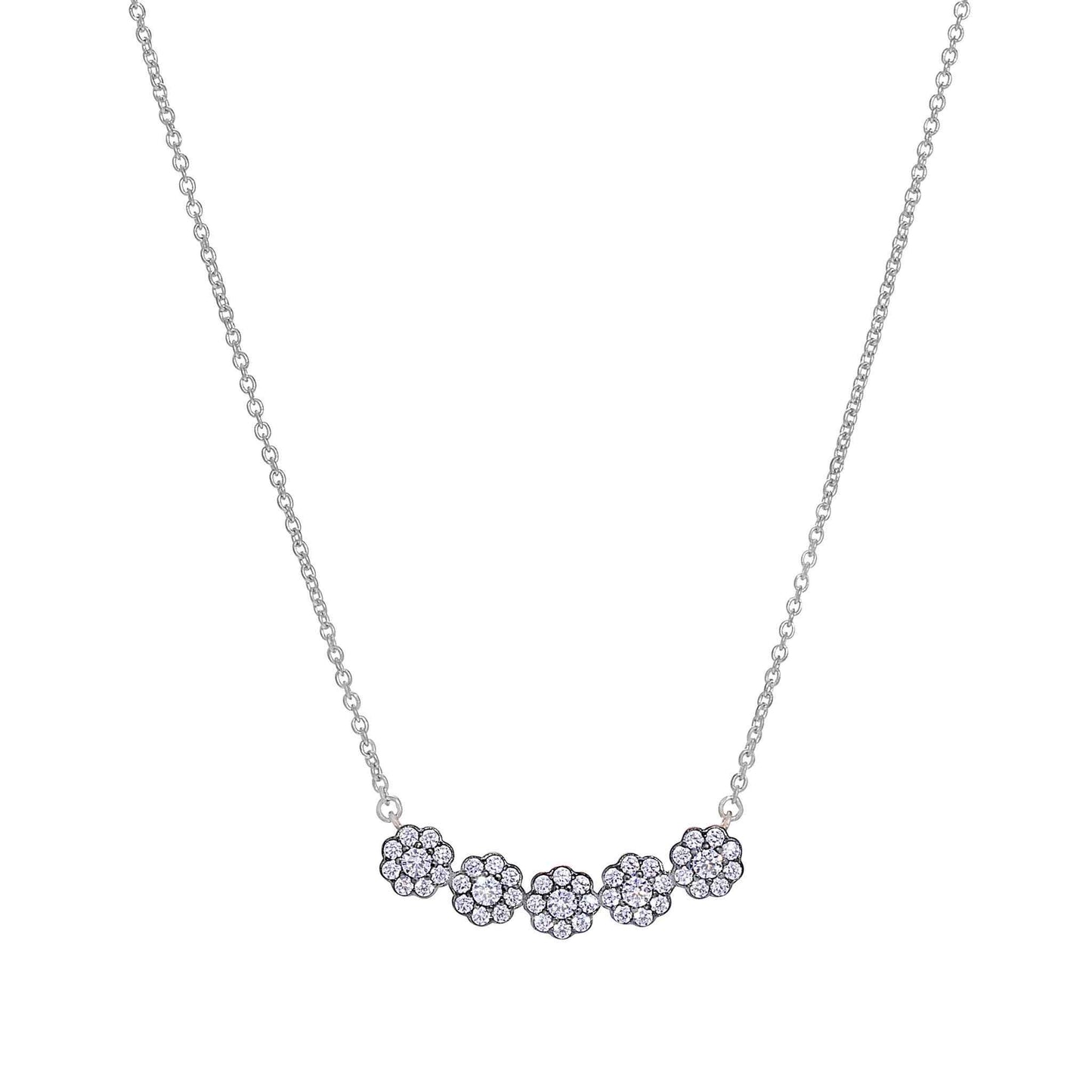 A five round flowers necklace with simulated diamonds displayed on a neutral white background.