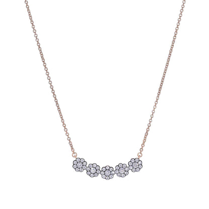 A five round flowers necklace with simulated diamonds displayed on a neutral white background.