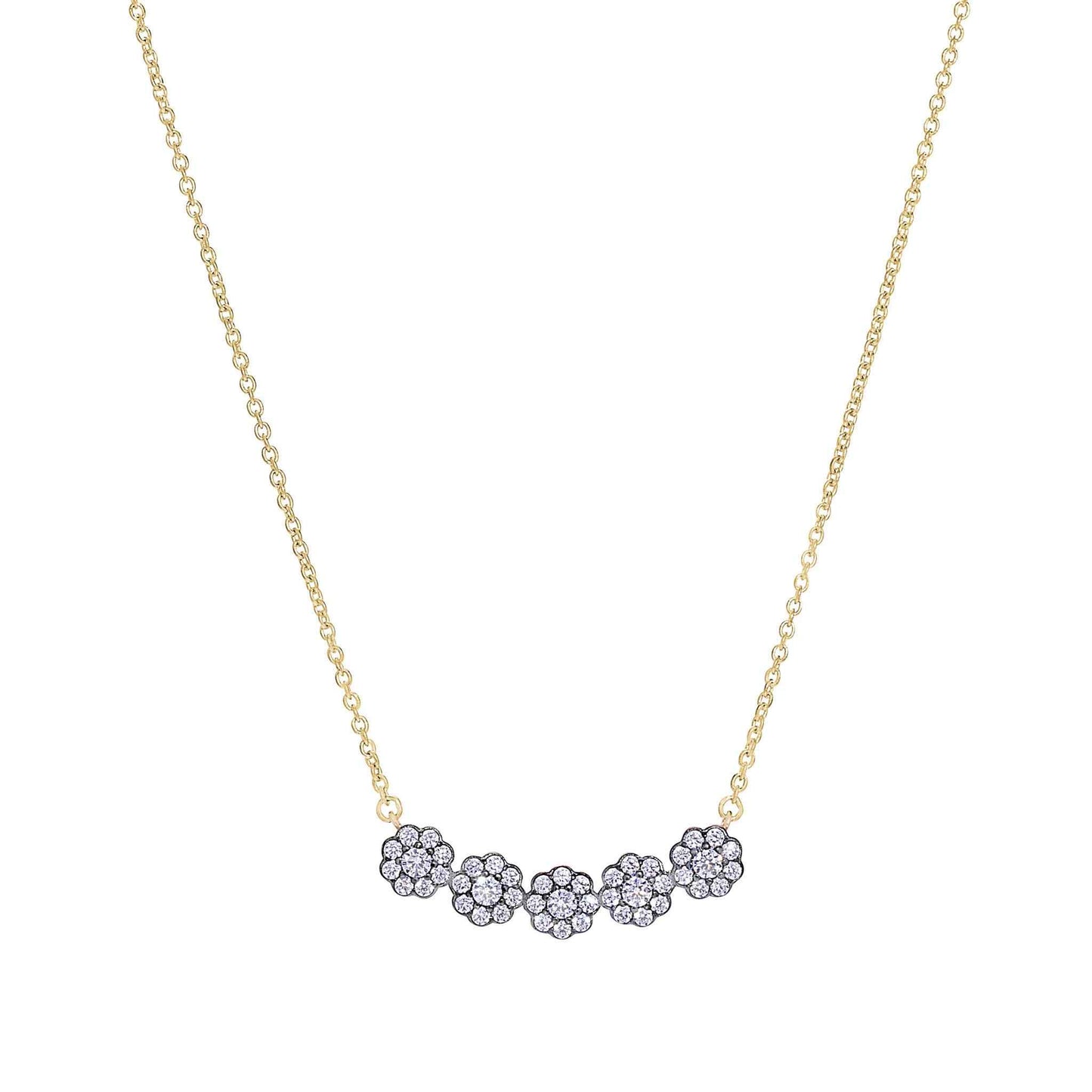 A five round flowers necklace with simulated diamonds displayed on a neutral white background.