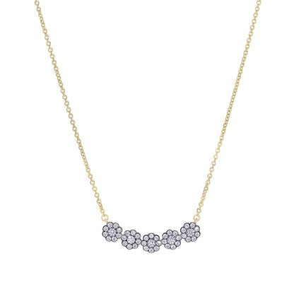 A five round flowers necklace with simulated diamonds displayed on a neutral white background.