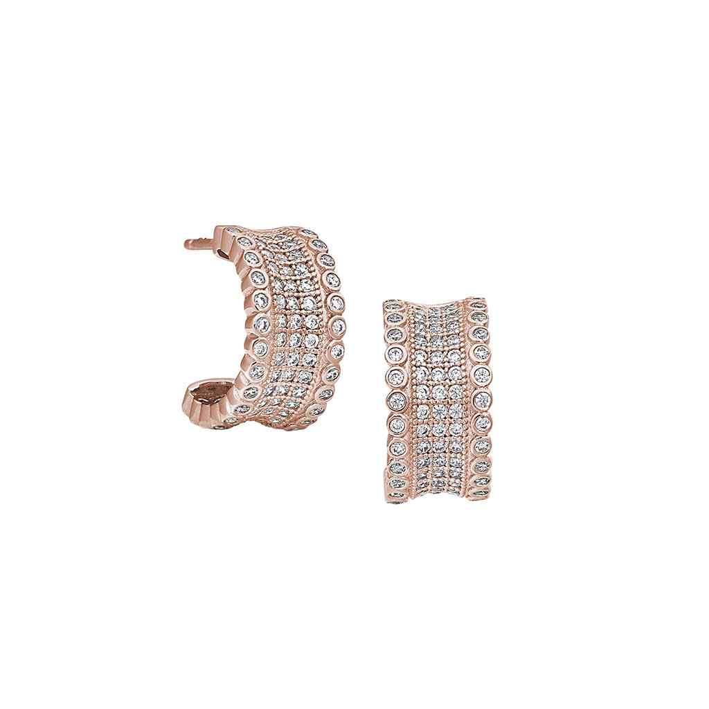 A five row concave huggie earrings with simulated diamonds displayed on a neutral white background.