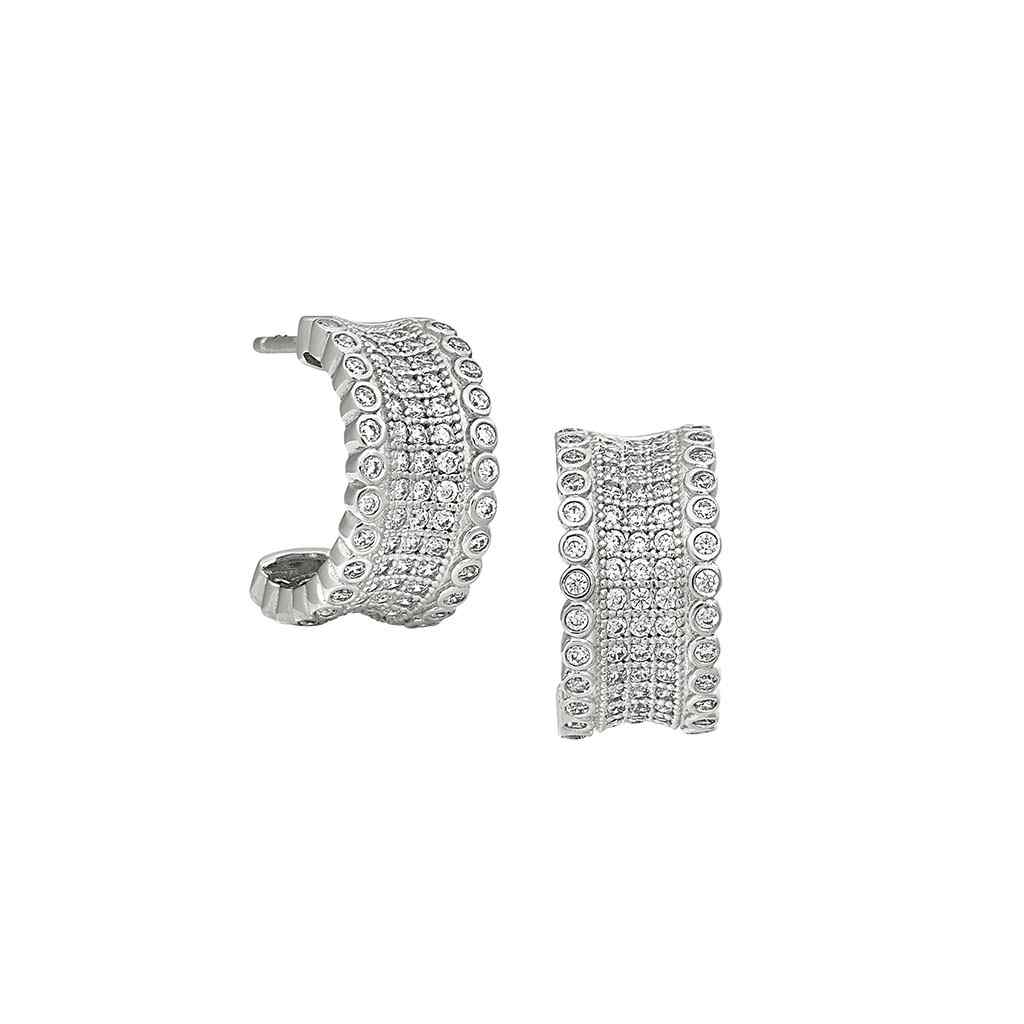 A five row concave huggie earrings with simulated diamonds displayed on a neutral white background.