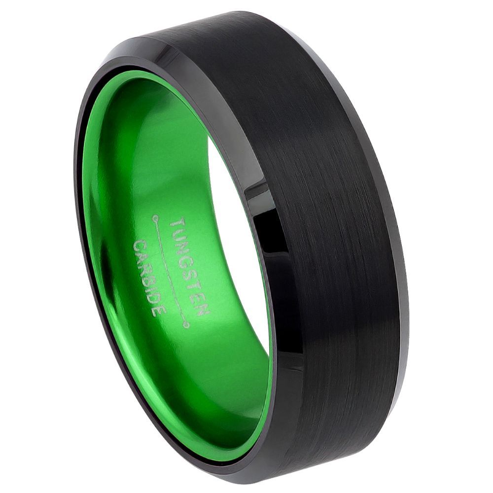 Flat Black Tungsten Men's Wedding Band with Contrasting Green Interior