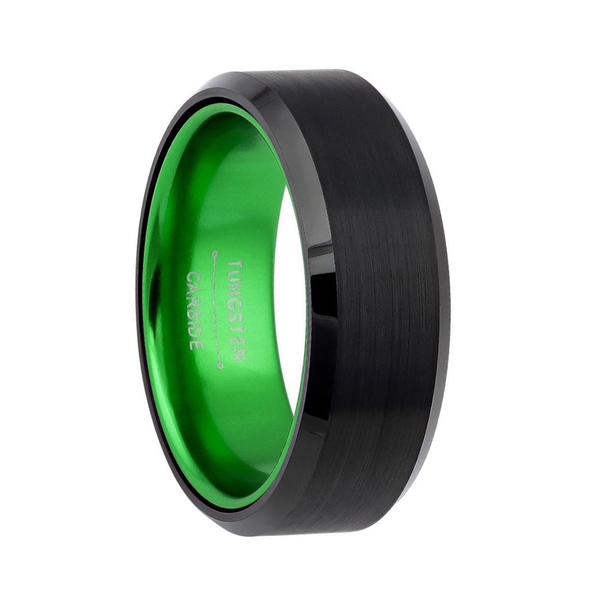 Flat Black Tungsten Men's Wedding Band with Contrasting Green Interior