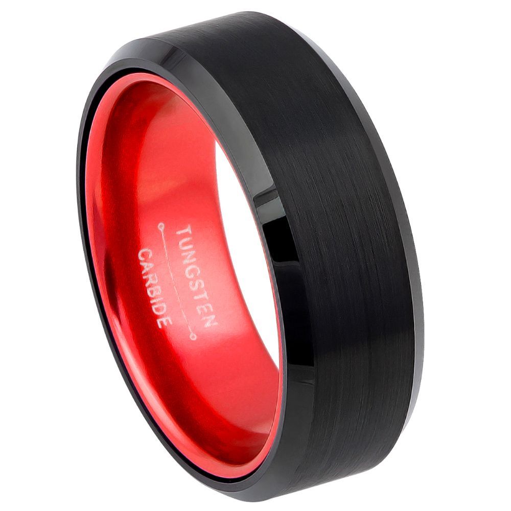 Flat Black Tungsten Men's Wedding Band with Contrasting Red Interior
