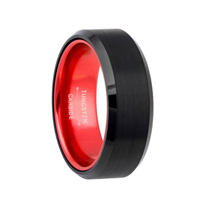 Flat Black Tungsten Men's Wedding Band with Contrasting Red Interior