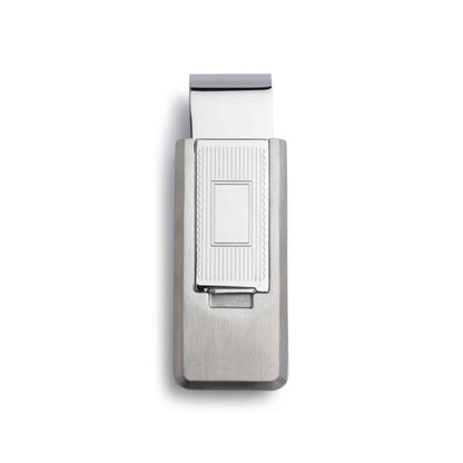 A stainless steel flip money clip displayed on a neutral white background.