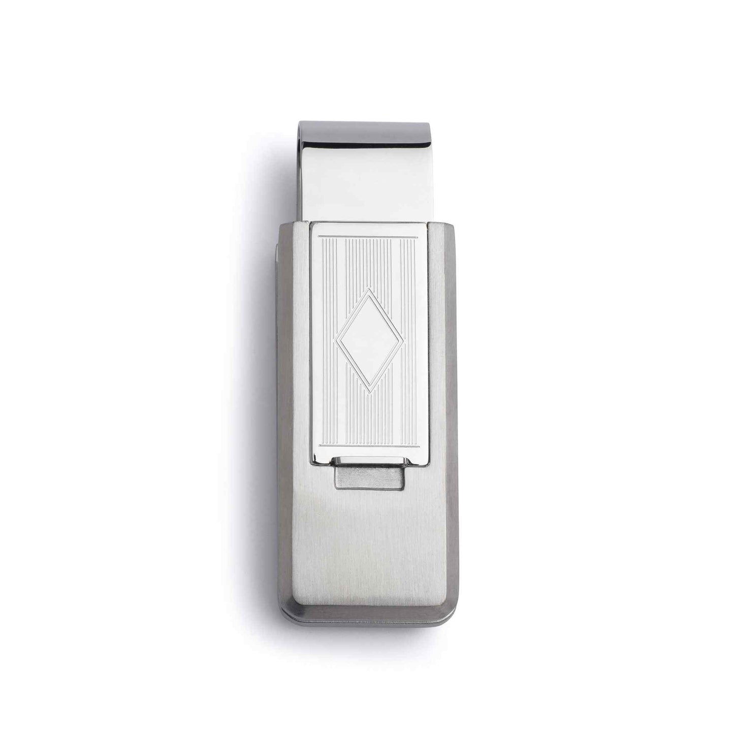 A stainless steel flip money clip displayed on a neutral white background.