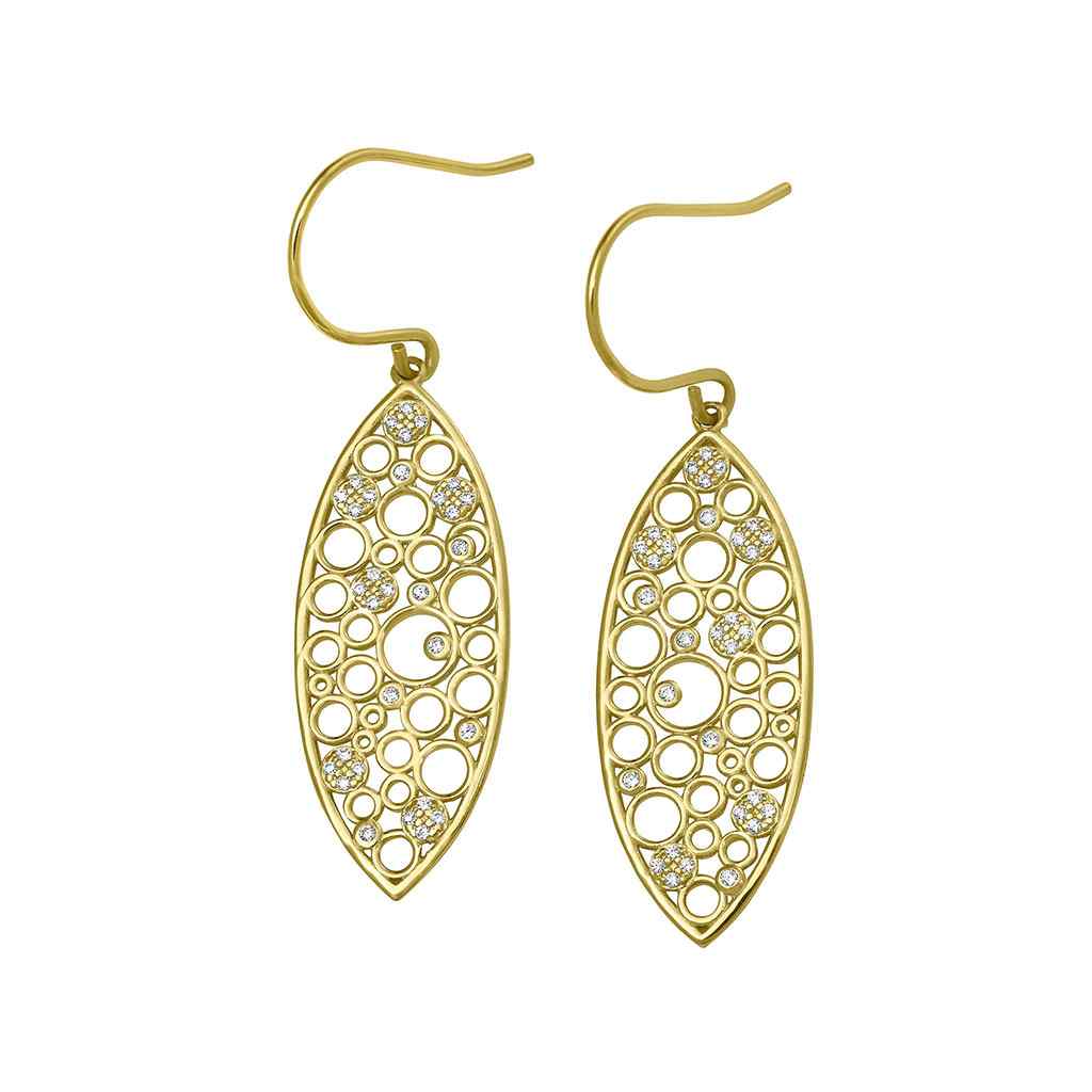 A floating circles earrings with simulated diamonds displayed on a neutral white background.