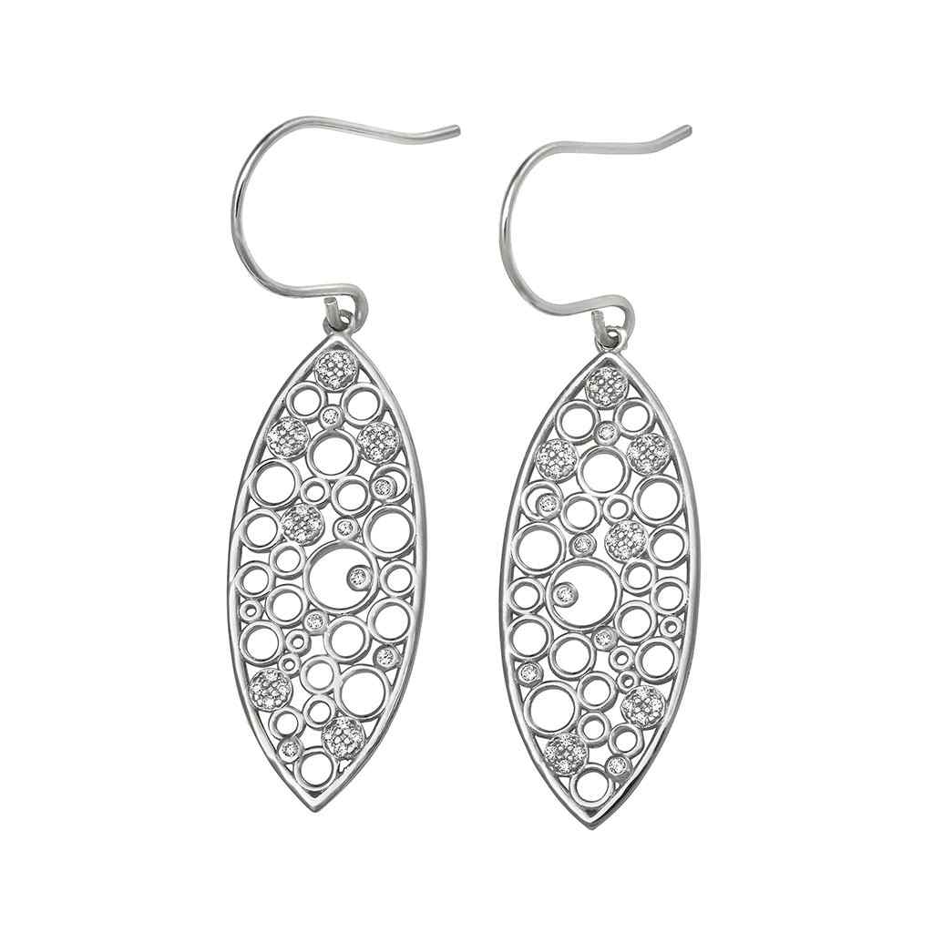A floating circles earrings with simulated diamonds displayed on a neutral white background.