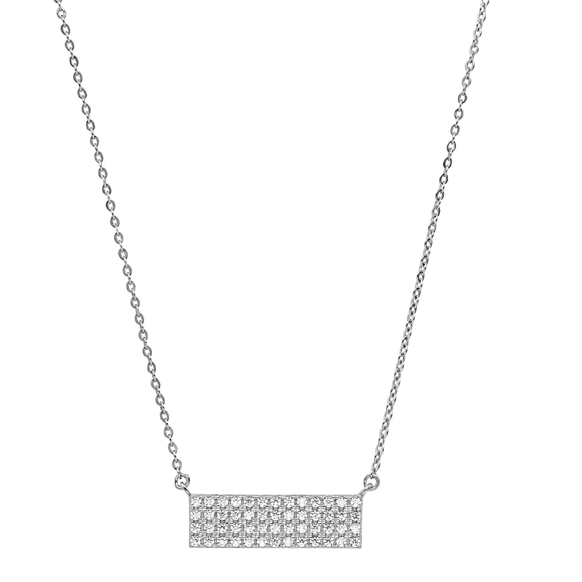 A four row bar necklace with simulated diamonds displayed on a neutral white background.