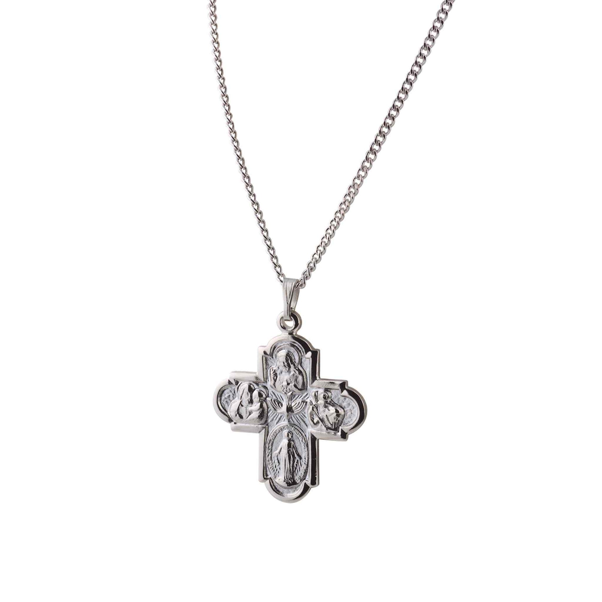 A four way cross necklace displayed on a neutral white background.