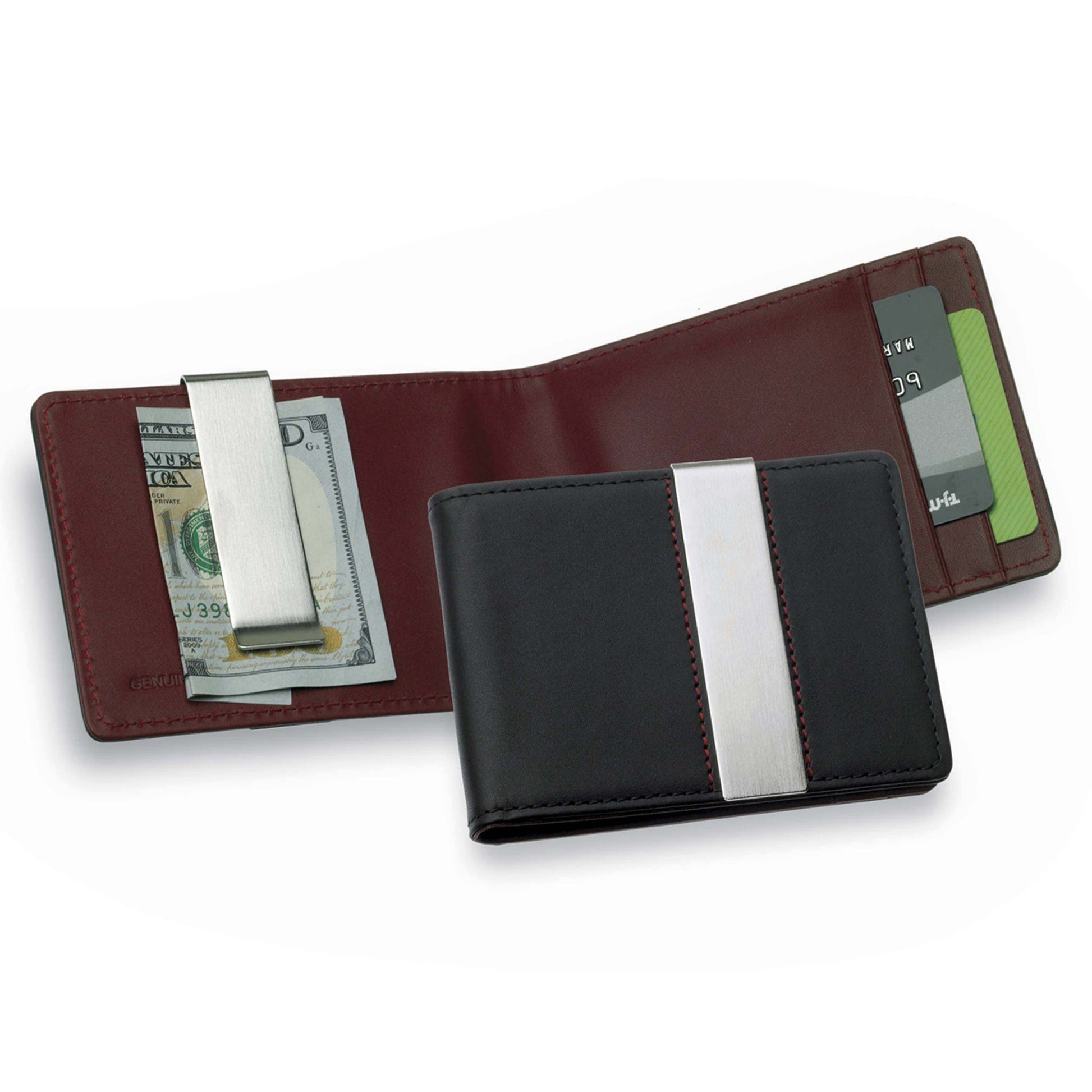 A front pocket leather wallet with money clip displayed on a neutral white background.