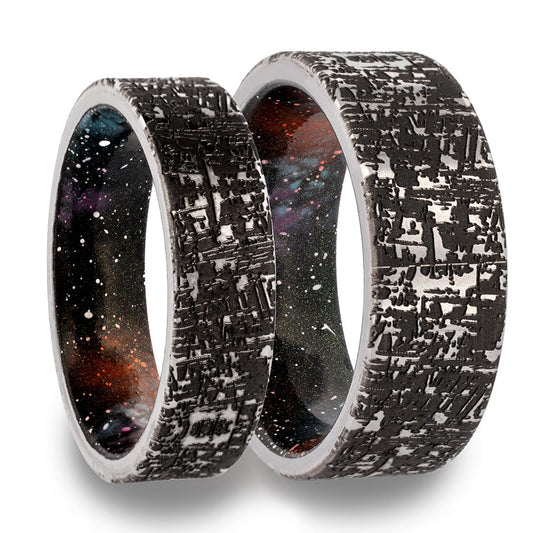 Galaxy Inspired Tungsten Couple's Matching Wedding Band Set with Meteorite Engraved Pattern