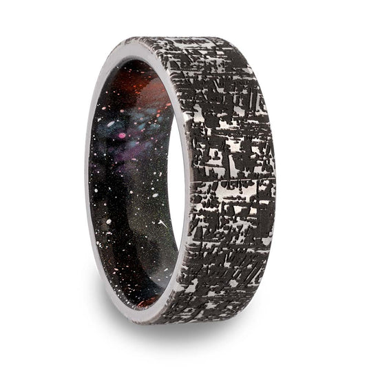 A galaxy tungsten men's wedding band with meteorite inspired pattern displayed on a neutral white background.