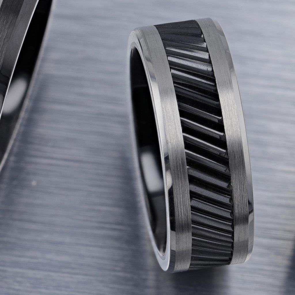 Gear Teeth Pattern Gear Teeth Pattern Black Ceramic and Tungsten Ring
