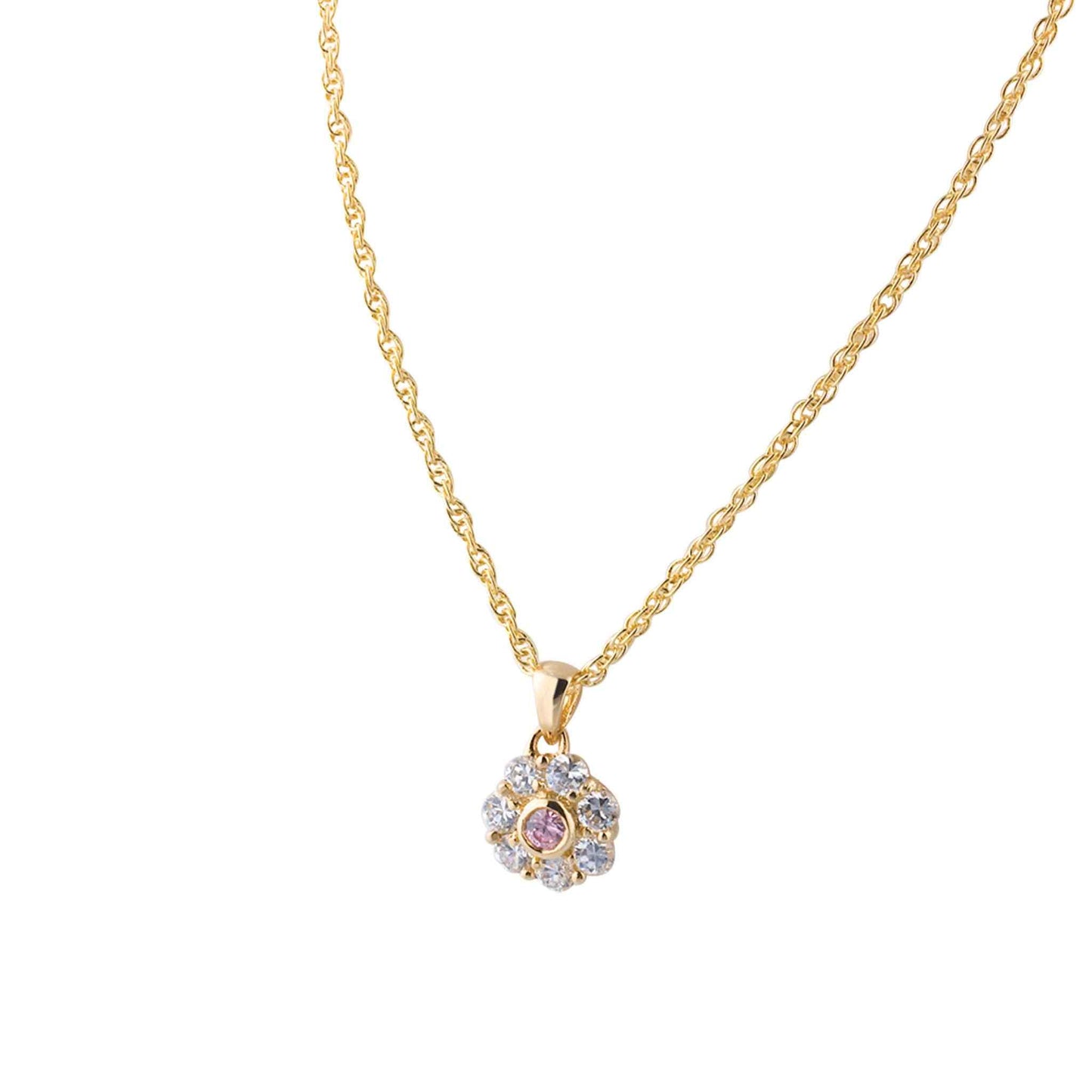 A gemstone simulated diamond flower necklace displayed on a neutral white background.