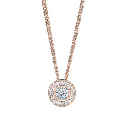A gemstone halo-style rose gold necklace with simulated diamonds displayed on a neutral white background.