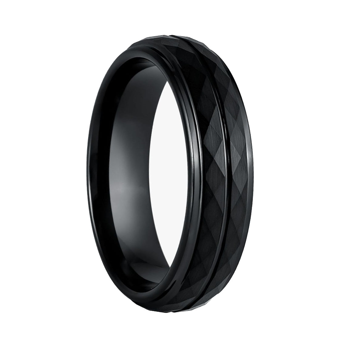Geometric Faceted Black Tungsten Men's Wedding Band with Dual Grooves